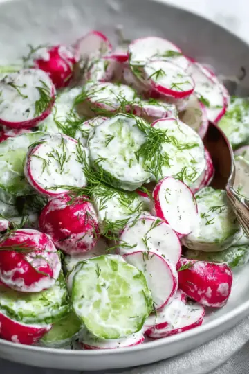 Cucumber Radish Salad w/ Yogurt Dill Dressing