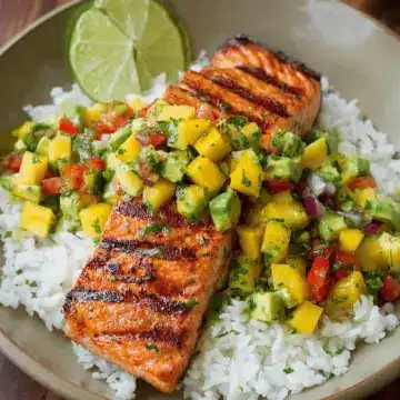 Grilled Lime Salmon with Avocado-Mango Salsa and Coconut Rice
