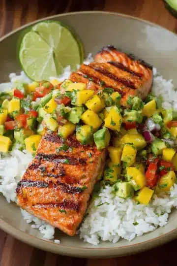 Grilled Lime Salmon with Avocado-Mango Salsa and Coconut Rice