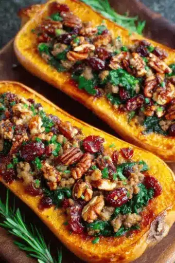 Sausage Stuffed Butternut Squash with Spinach, Pecans, and Cranberries