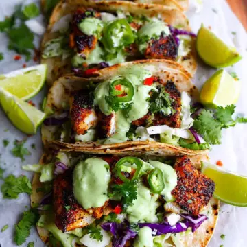 Blackened Cod Fish Tacos with Cilantro Avocado Sauce