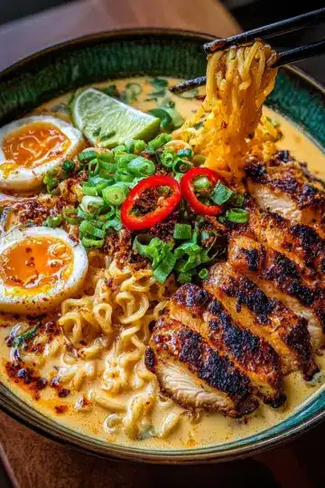 Fiery Chicken Ramen with Creamy Garlic Sauce