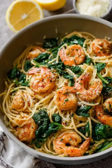Lemon Garlic Shrimp Pasta With Spinach
