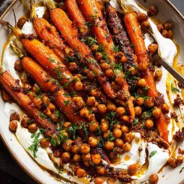 Spicy maple roast carrots with crispy chickpeas and yogurt sauce
