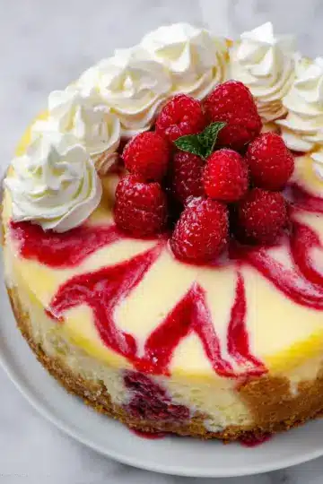 Creamy, Tangy Lemon Cheesecake with a Vibrant Raspberry Ripple