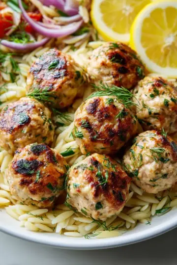 Greek Chicken Meatballs with Lemon Orzo