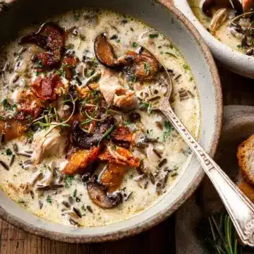 Creamy Wild Rice Chicken Soup with Roasted Mushrooms.
