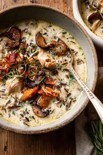 Creamy Wild Rice Chicken Soup with Roasted Mushrooms.