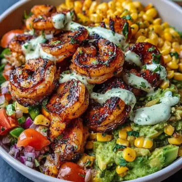 Grilled Shrimp Bowl with Avocado, Corn Salsa & Creamy Garlic Sauce