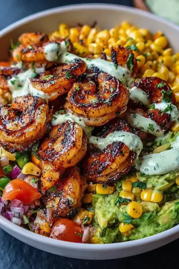 Grilled Shrimp Bowl with Avocado, Corn Salsa & Creamy Garlic Sauce